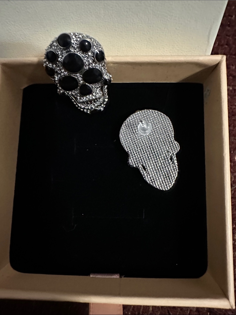 Skull Stud Earrings with Black Cabochons and Silver Crystals - Picture 3 of 3